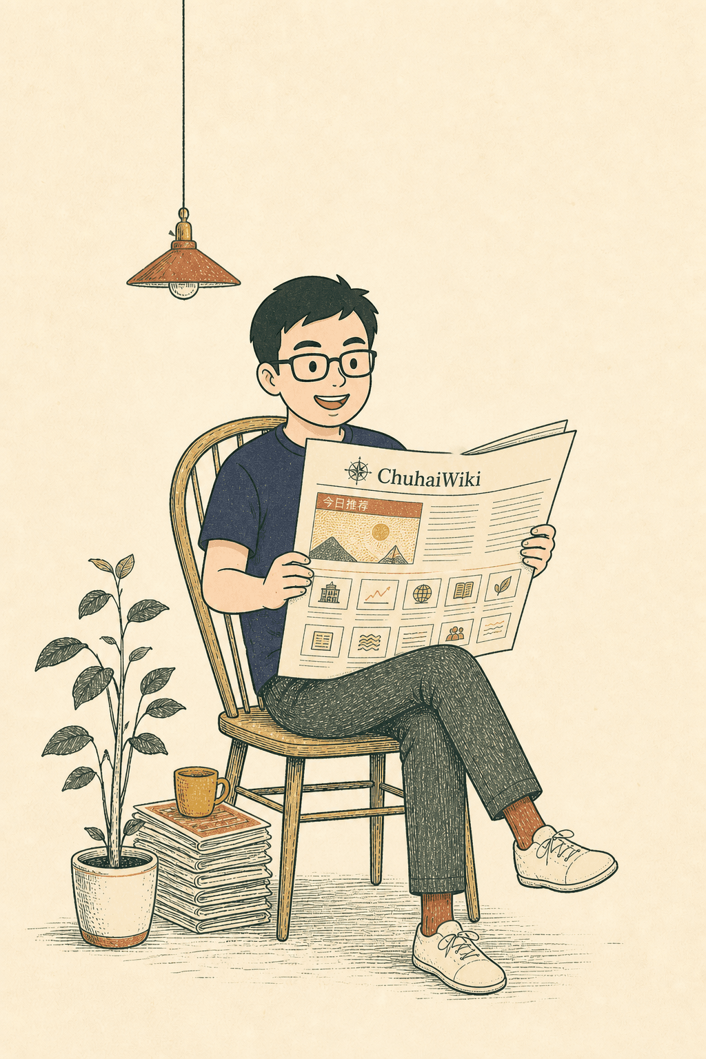 坐在椅子上阅读海外资讯的读者插画